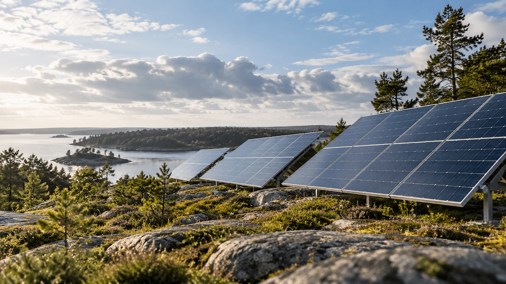 Markmonterade solceller på en klipphäll vid en skärgård